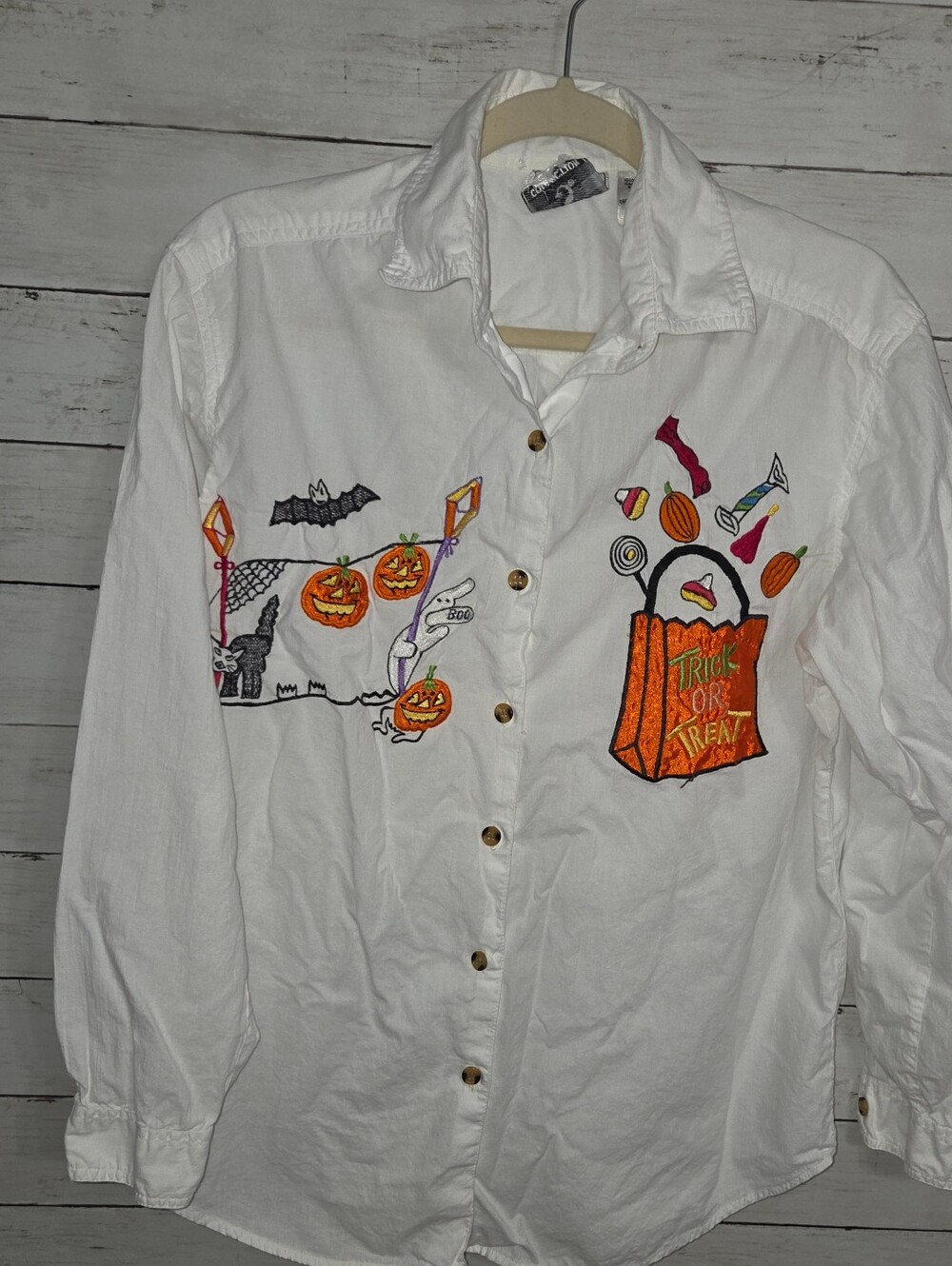 Vintage Halloween Embroidered Cotton Button-up Women's Shirt- Small-candy Bag